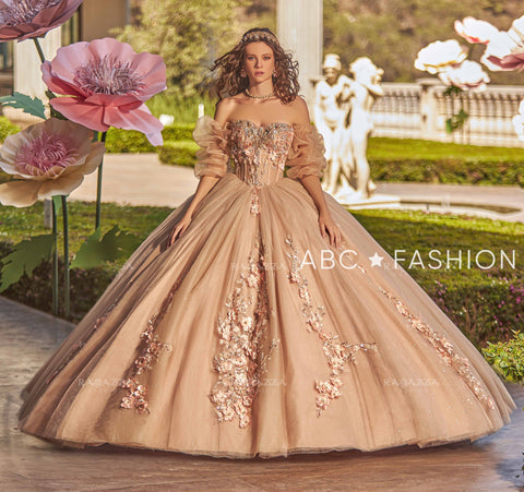 Quinceanera-Kleid mit 3D-Blumenmuster und Puffärmeln von Ragazza EV27-627