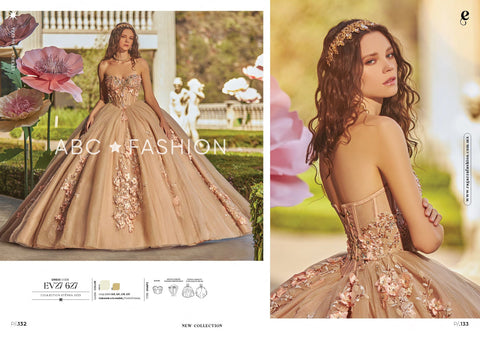 Quinceanera-Kleid mit 3D-Blumenmuster und Puffärmeln von Ragazza EV27-627