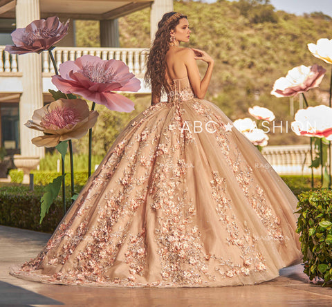 Quinceanera-Kleid mit 3D-Blumenmuster und Puffärmeln von Ragazza EV27-627
