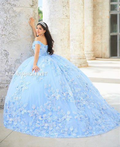Quinceanera-Kleid mit 3D-Blumenmuster und Schleppe von House of Wu 26027T