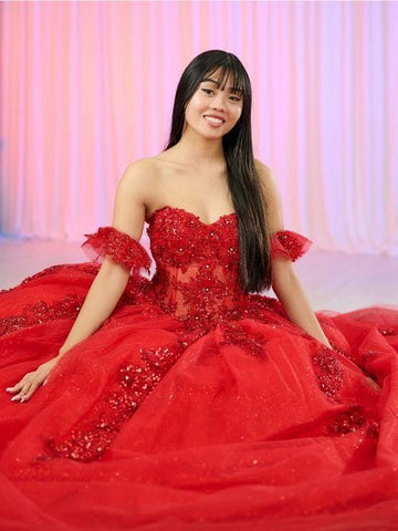 Quinceanera-Kleid mit transparentem Korsett und 3D-Blumenmuster von Fiesta Gowns 56465