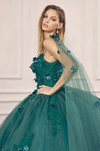 Vestido de baile com capa e mangas florais 3D da Juliet 1436