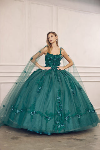 Ärmelloses Ballkleid mit 3D-Blumen-Cape von Juliet 1436