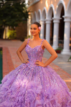 Vestido de quinceanera com capa e mangas florais 3D da Amarra 54314