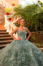 Vestido de quinceanera com capa e mangas florais 3D da Amarra 54314