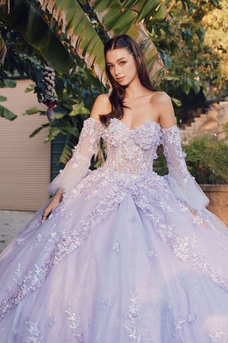 Ballkleid mit 3D-Blumenmuster, trägerlos, Glockenärmel von Juliet JT1459J