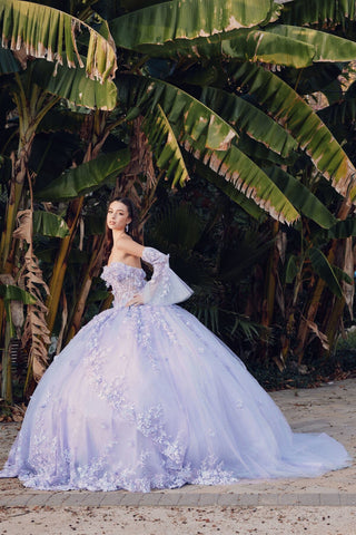 Ballkleid mit 3D-Blumenmuster, trägerlos, Glockenärmel von Juliet JT1459J