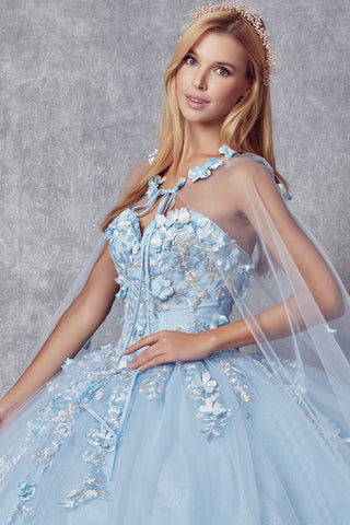 3D Blumen-Ballkleid ohne Träger mit Cape von Juliet 1435