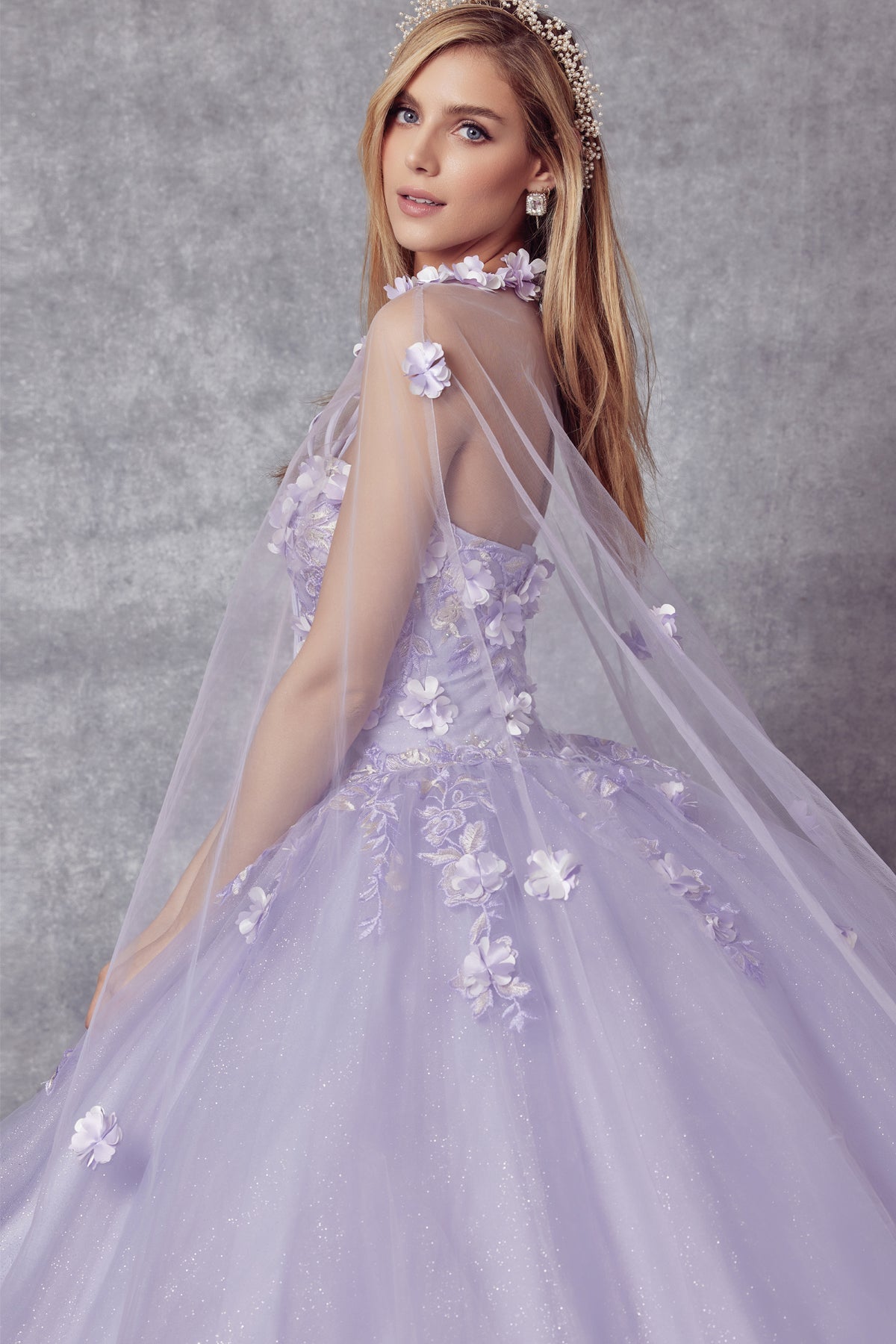 3D Floral Strapless Cape Ball Gown by Juliet 1435