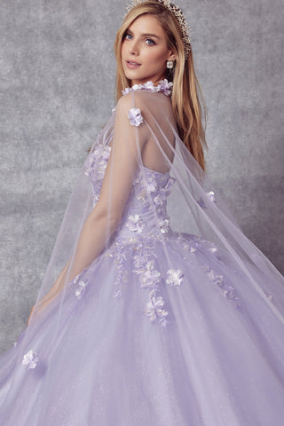 3D Blumen-Ballkleid ohne Träger mit Cape von Juliet 1435