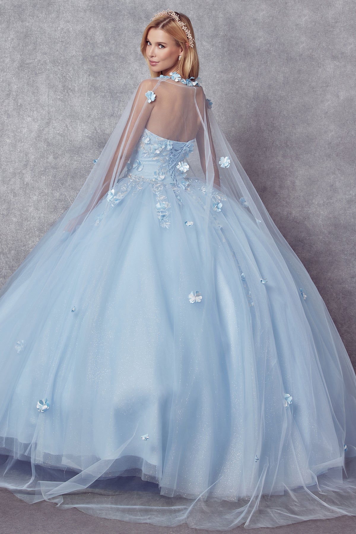 3D Floral Strapless Cape Ball Gown by Juliet 1435