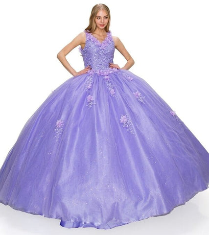 Ballkleid mit 3D-Blumenmuster und V-Ausschnitt von Cinderella Couture 8025J