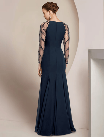 heath / Column Mother of the Bride Dress Wedding Guest Vintage Elegant V Neck Floor Length Chiffon Long Sleeve with Pleats Sequin