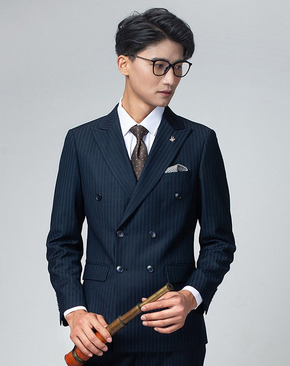 Double breasted suit men's suit British grey striped business casual suit men's formal suit slim fit groom's wedding dress