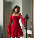 Sexy Rote Spitze Trompetenärmel Homecoming-Kleid Partykleid Y7655