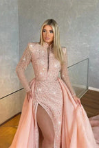 Long Sleeves Mermaid High Neck Sequins Prom Dresses with Slit by BIZTUNNEL