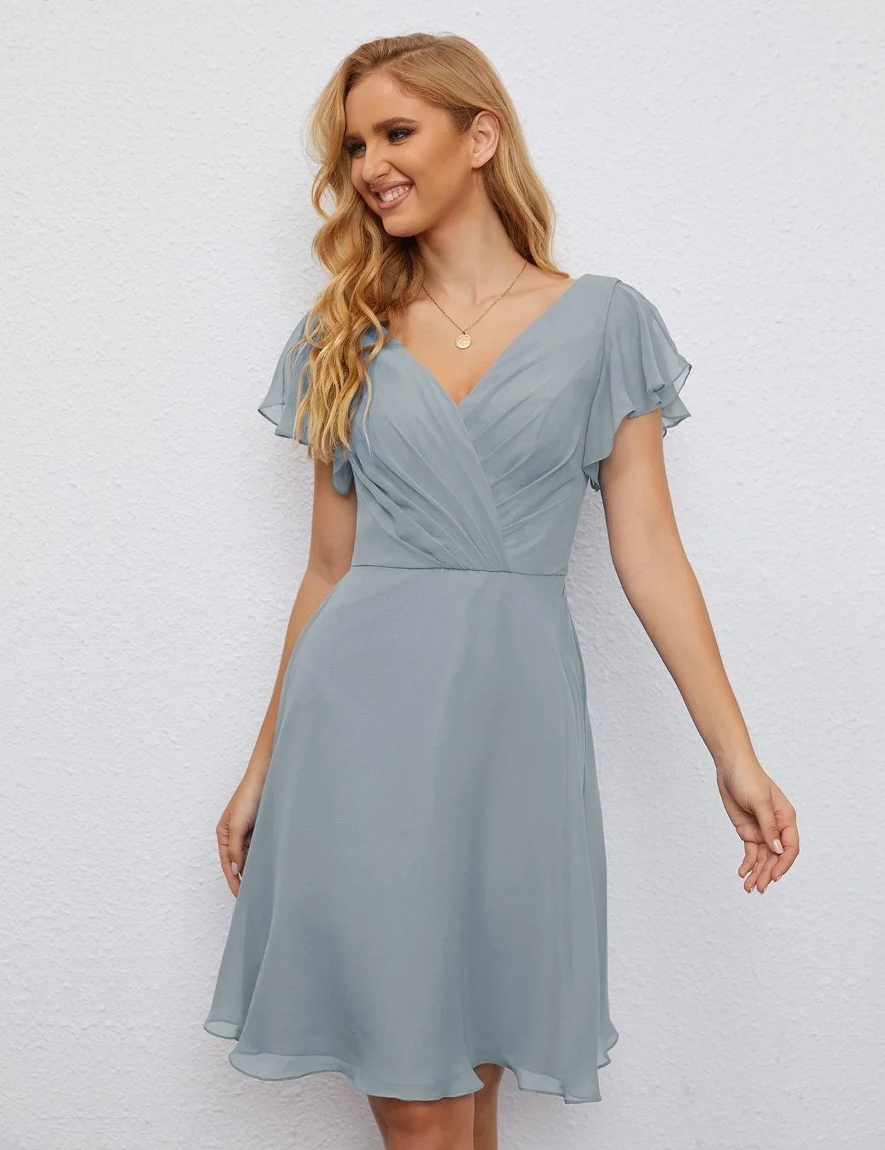 Vestido de Regreso a Casa con Espalda en U de Numbersea Vestido Formal para el Baile de Graduación Largo hasta la Rodilla Mangas Cortas Vestido para Fiesta de Cóctel 28077
