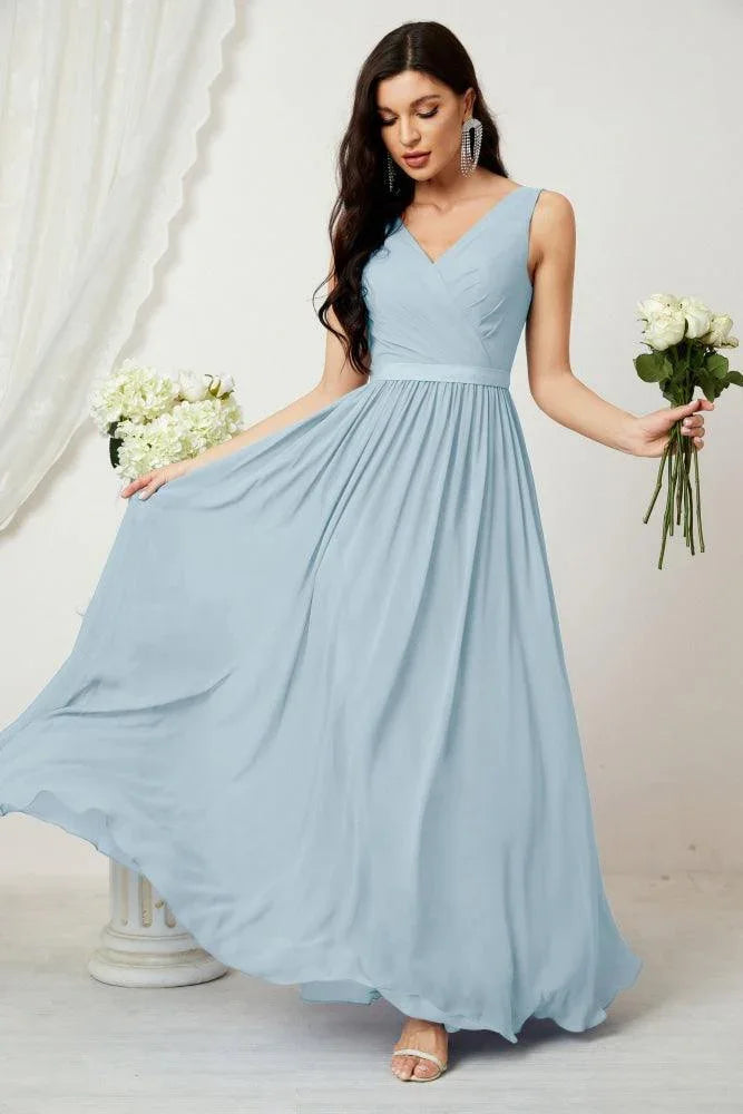 Vestido de dama de honor largo de gasa para mujer, línea A sin mangas, vestido formal de baile de graduación para fiesta nocturna, vestido de regreso a casa 2808