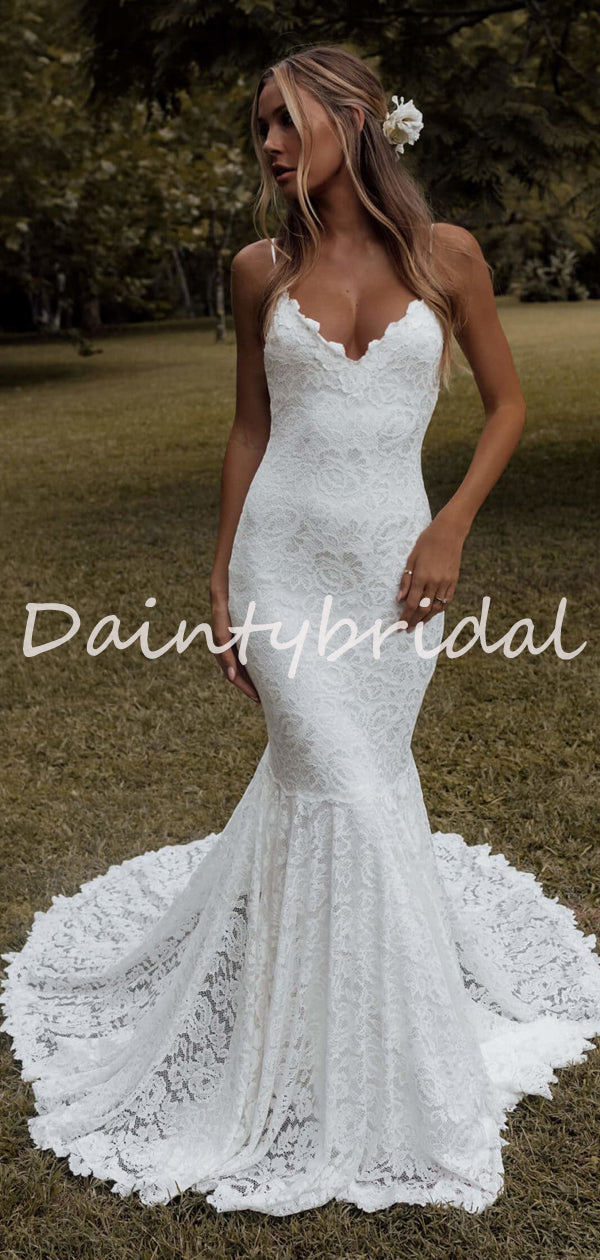 Robe de mariée longue sexy simple sirène à col en V en dentelle à bretelles spaghetti, robe de soirée. DB10712