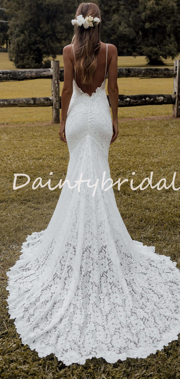 Robe de mariée longue sexy simple sirène à col en V en dentelle à bretelles spaghetti, robe de soirée. DB10712