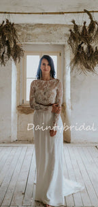 Vestidos de noiva compridos, simples, sensuais, em chiffon com renda transparente, de duas peças, para festa à noite, DB10694