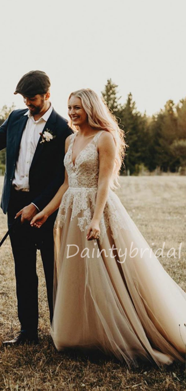 Novos vestidos de noiva compridos com decote em V, renda e tule, sem mangas, linha A. DB10474