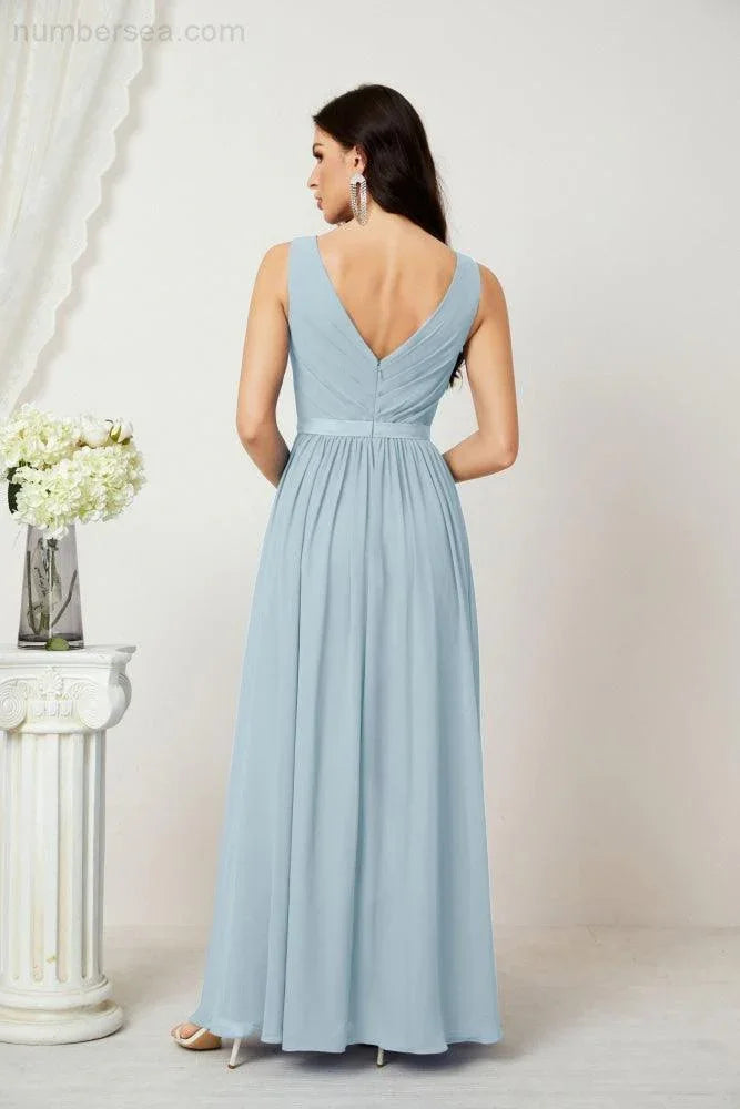 Abito da Sera Donna in Chiffon Lungo per Damigelle, Scollato, Senza Maniche, Linea A, per Feste Serali, Ballo di Fine Anno e Homecoming, Modello 2808