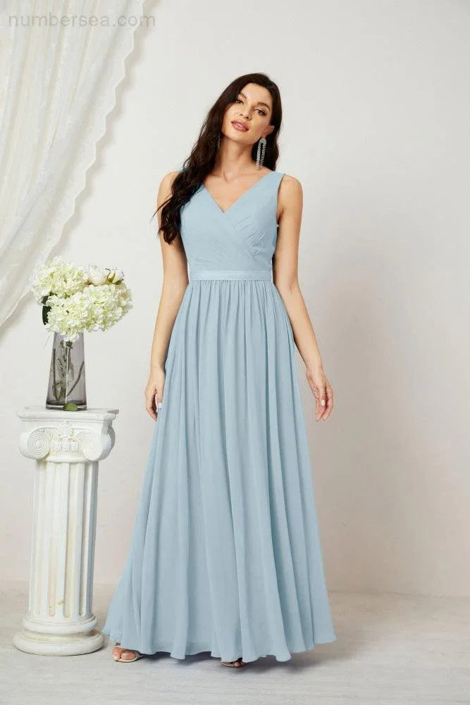 Abito da Sera Donna in Chiffon Lungo per Damigelle, Scollato, Senza Maniche, Linea A, per Feste Serali, Ballo di Fine Anno e Homecoming, Modello 2808