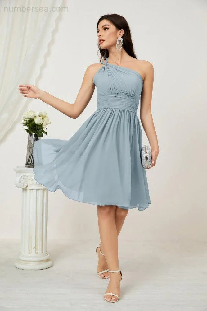 Vestido de dama de honor corto de chiffon de un hombro Numbersea para mujer Vestidos formales para fiesta y regreso a casa 2804