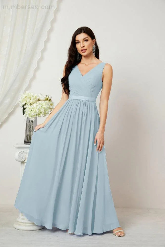 Abito da Sera Donna in Chiffon Lungo per Damigelle, Scollato, Senza Maniche, Linea A, per Feste Serali, Ballo di Fine Anno e Homecoming, Modello 2808