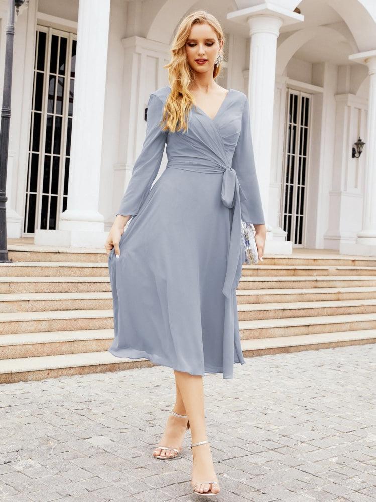 Vestido de madrinha com decote em V e cinto para mãe da noiva e convidada de casamento 28031 