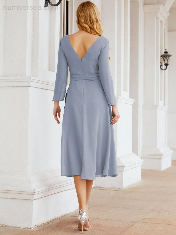 Vestido de madrinha com decote em V e cinto para mãe da noiva e convidada de casamento 28031 