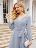 Vestido de madrinha com decote em V e cinto para mãe da noiva e convidada de casamento 28031 