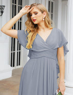Numbersea Chiffon Bridesmaid Dresses Long Formal Evening Prom Mother of The Bride Dress with Flutter Sleeve     SEA28040