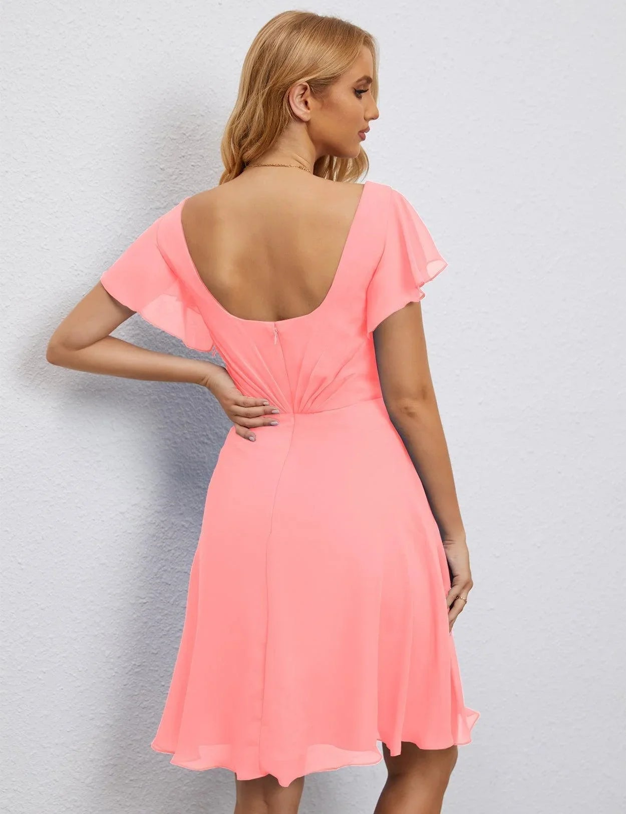 Vestido de Regreso a Casa con Espalda en U de Numbersea Vestido Formal para el Baile de Graduación Largo hasta la Rodilla Mangas Cortas Vestido para Fiesta de Cóctel 28077