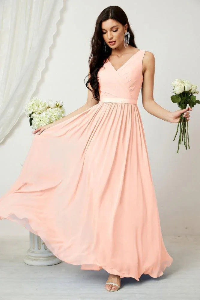 Vestido de dama de honor largo de gasa para mujer, línea A sin mangas, vestido formal de baile de graduación para fiesta nocturna, vestido de regreso a casa 2808