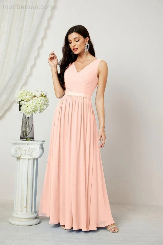 Abito da Sera Donna in Chiffon Lungo per Damigelle, Scollato, Senza Maniche, Linea A, per Feste Serali, Ballo di Fine Anno e Homecoming, Modello 2808