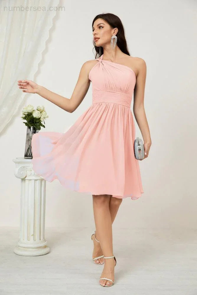 Vestido de dama de honor corto de chiffon de un hombro Numbersea para mujer Vestidos formales para fiesta y regreso a casa 2804