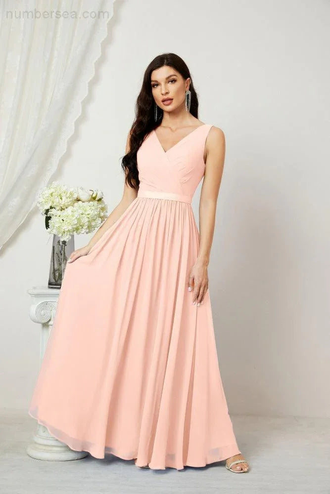 Abito da Sera Donna in Chiffon Lungo per Damigelle, Scollato, Senza Maniche, Linea A, per Feste Serali, Ballo di Fine Anno e Homecoming, Modello 2808