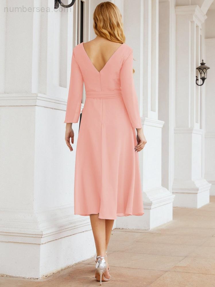 Vestido de madrinha com decote em V e cinto para mãe da noiva e convidada de casamento 28031 