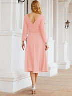 Vestido de madrinha com decote em V e cinto para mãe da noiva e convidada de casamento 28031 