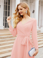 Vestido de madrinha com decote em V e cinto para mãe da noiva e convidada de casamento 28031 