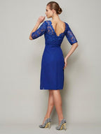 Vestidos curtos em chiffon com decote em V e mangas 1/2, para mãe da noiva, com bainha/coluna