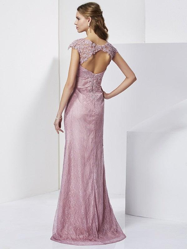 Vestidos de mãe da noiva com bainha/coluna, gola alta, manga curta, renda, comprido, elástico, tecido de cetim