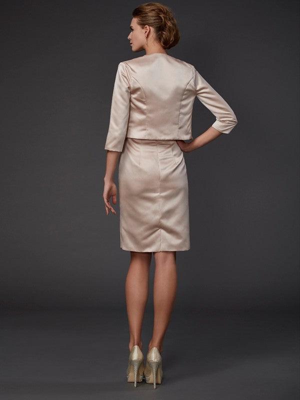 Vestidos curtos de cetim com bainha/coluna, quadrados, sem mangas, com missangas, para mãe da noiva