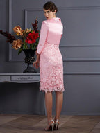 Vestidos curtos de mãe da noiva, decote em V, sem mangas, em renda, com elástico e cetim, estilo coluna