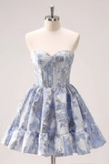 Niedliches Blaues A-Linien Sweetheart Print Korsett Kurzes Homecoming Kleid mit Rüschen