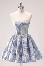 Niedliches Blaues A-Linien Sweetheart Print Korsett Kurzes Homecoming Kleid mit Rüschen