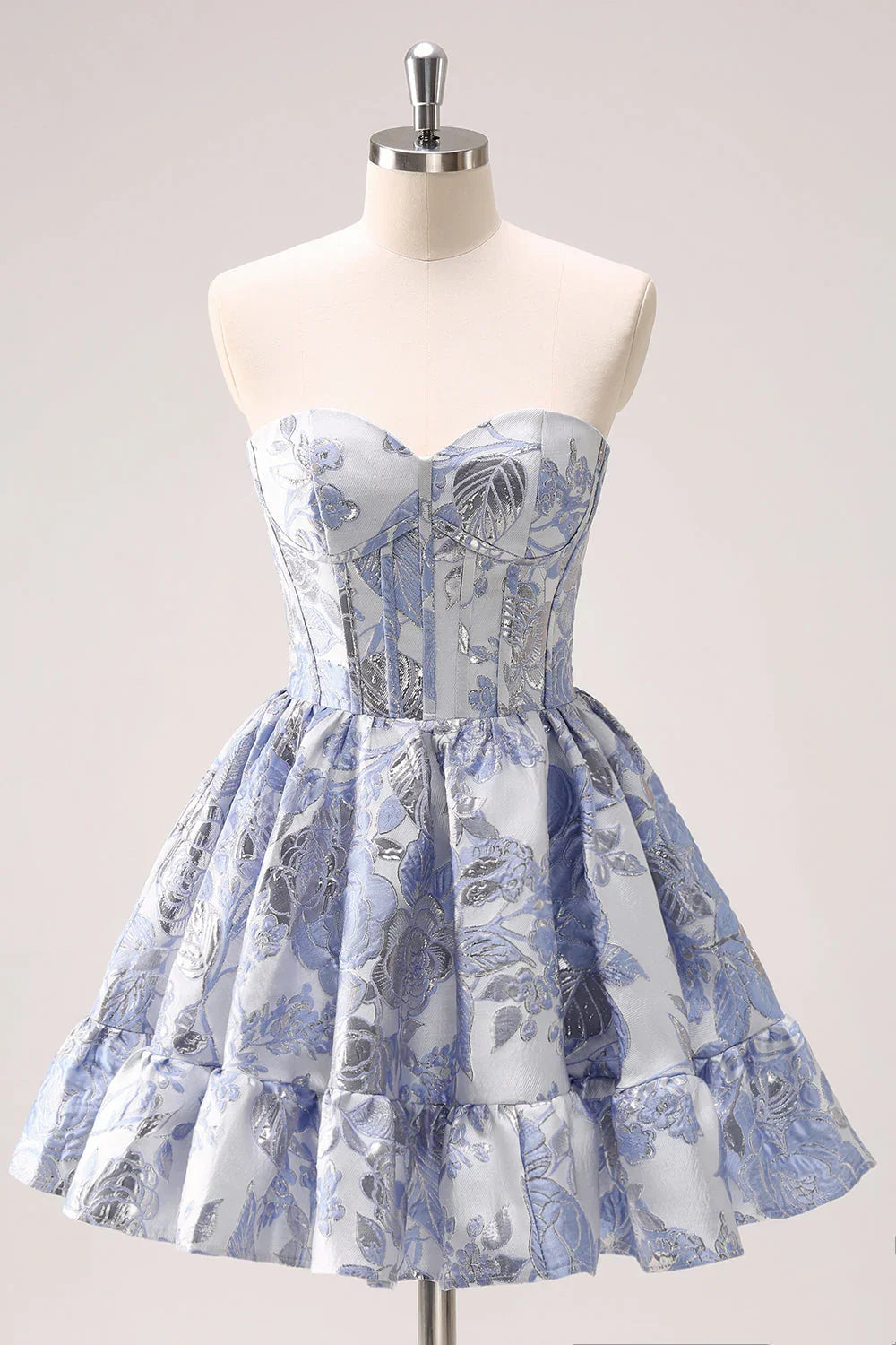 Niedliches Blaues A-Linien Sweetheart Print Korsett Kurzes Homecoming Kleid mit Rüschen