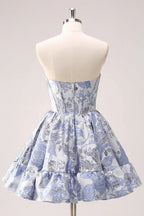 Niedliches Blaues A-Linien Sweetheart Print Korsett Kurzes Homecoming Kleid mit Rüschen